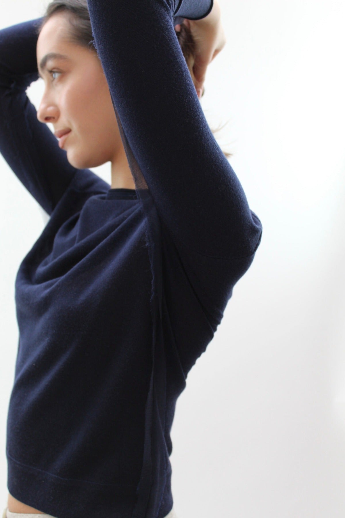 ciara silk dark navy top with silk trim side view