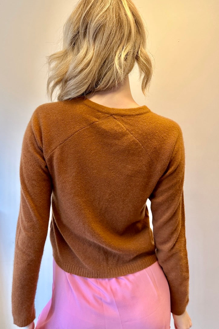 zelia tobacco brown v neck cashmere cardigan in brown back view