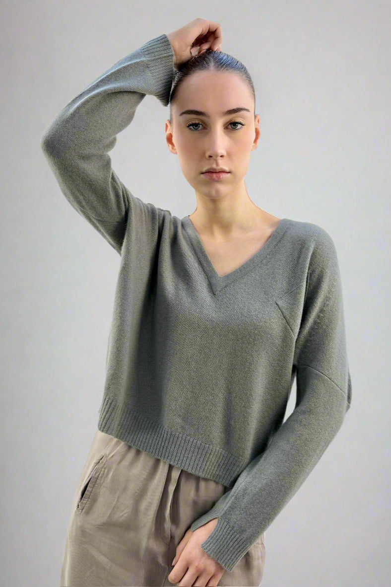 brianna sage on model cashmere green v neck 