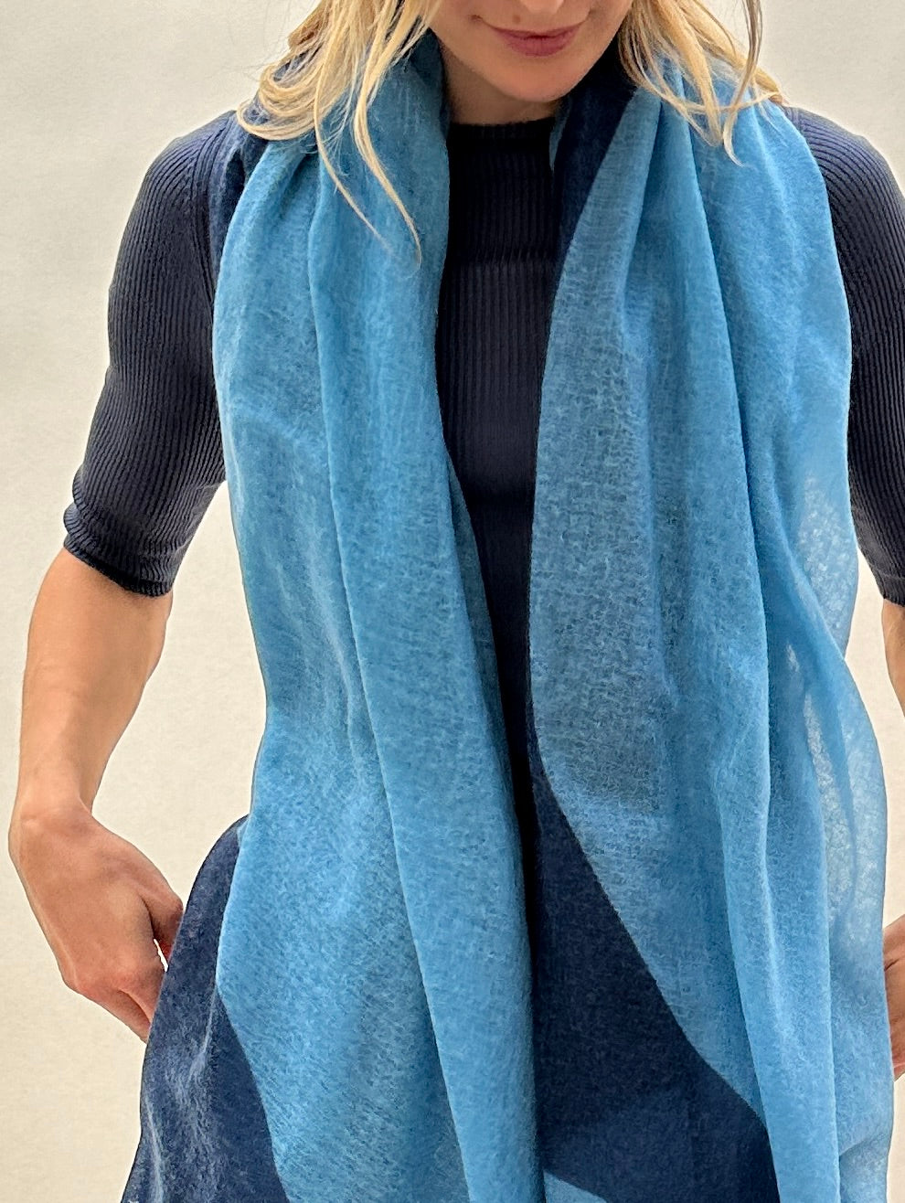 shapes mono print light teal and navy scarf wrap