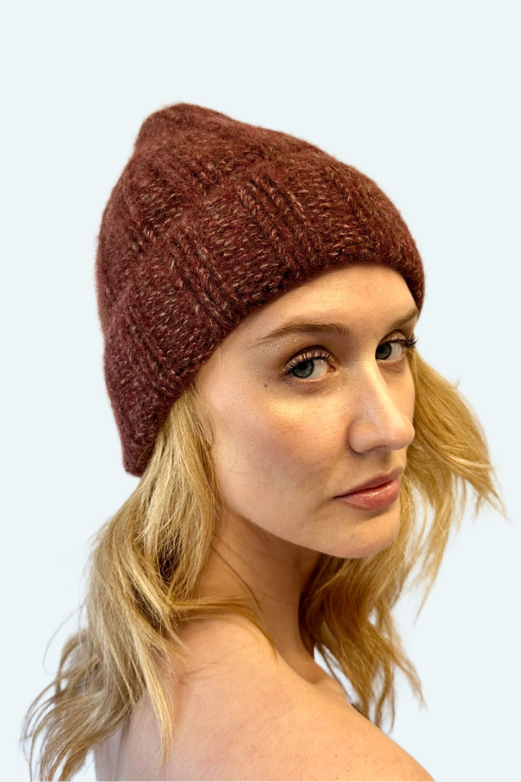 rib hat in burgundy claret wine merlot mix knit cashmere beanie