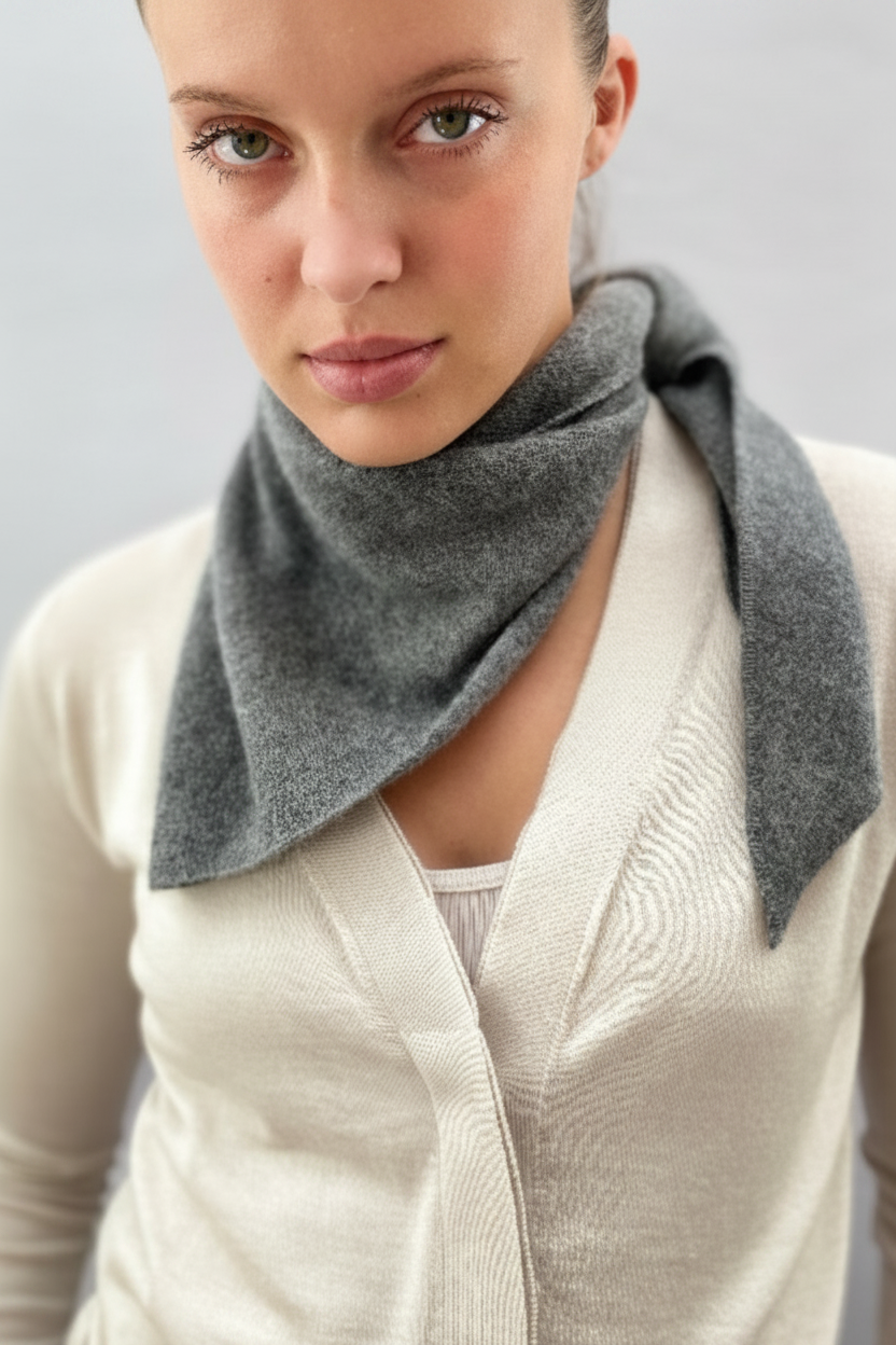 A close-up of a woman wearing a gray knit neck warmer or cowl layered under a cream-colored cardigan, set against a plain light gray background.