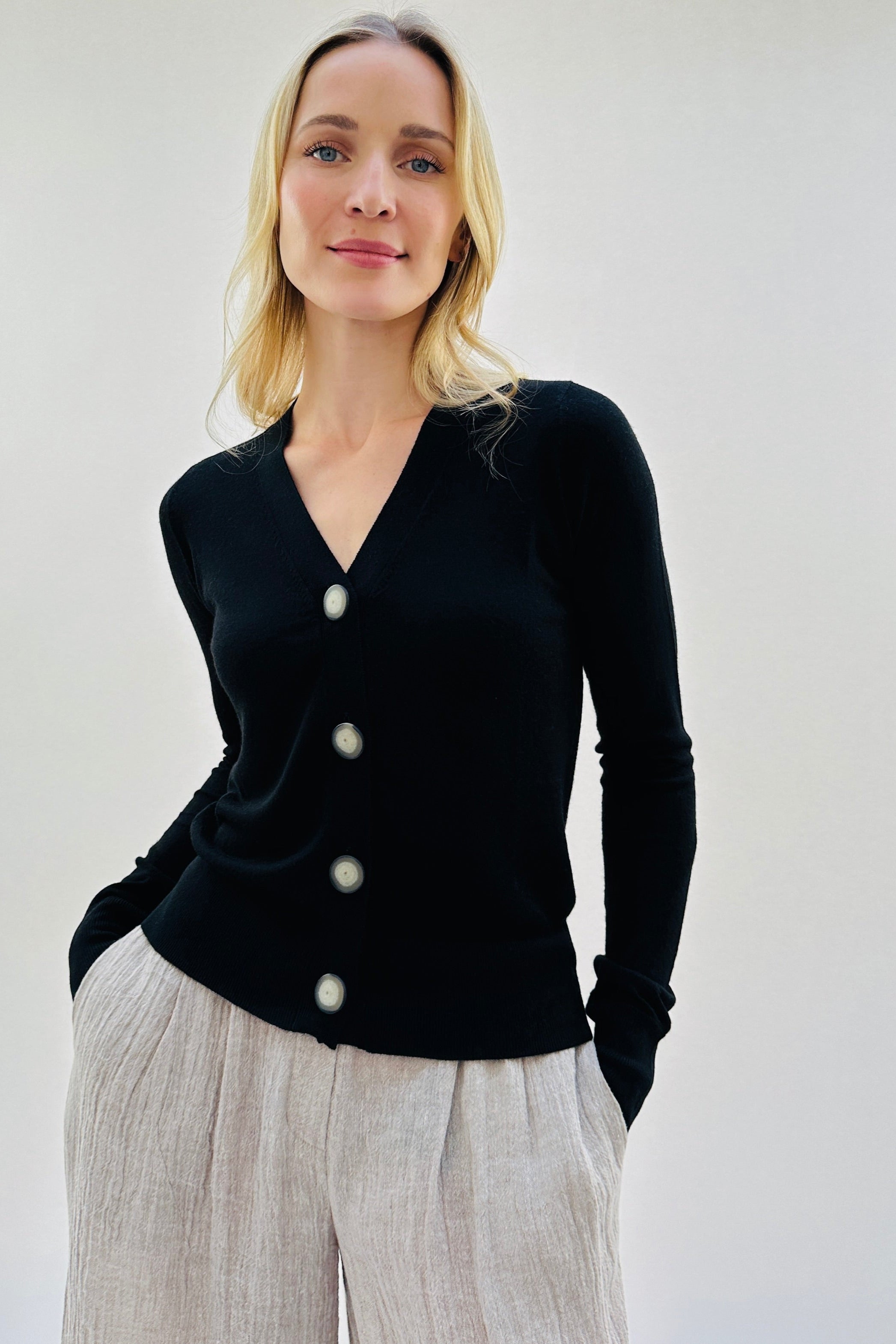 maeser v neck black cardigan  front view