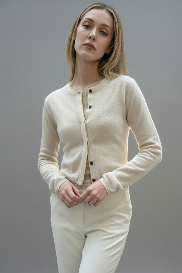 model in cashmere cream cardigan