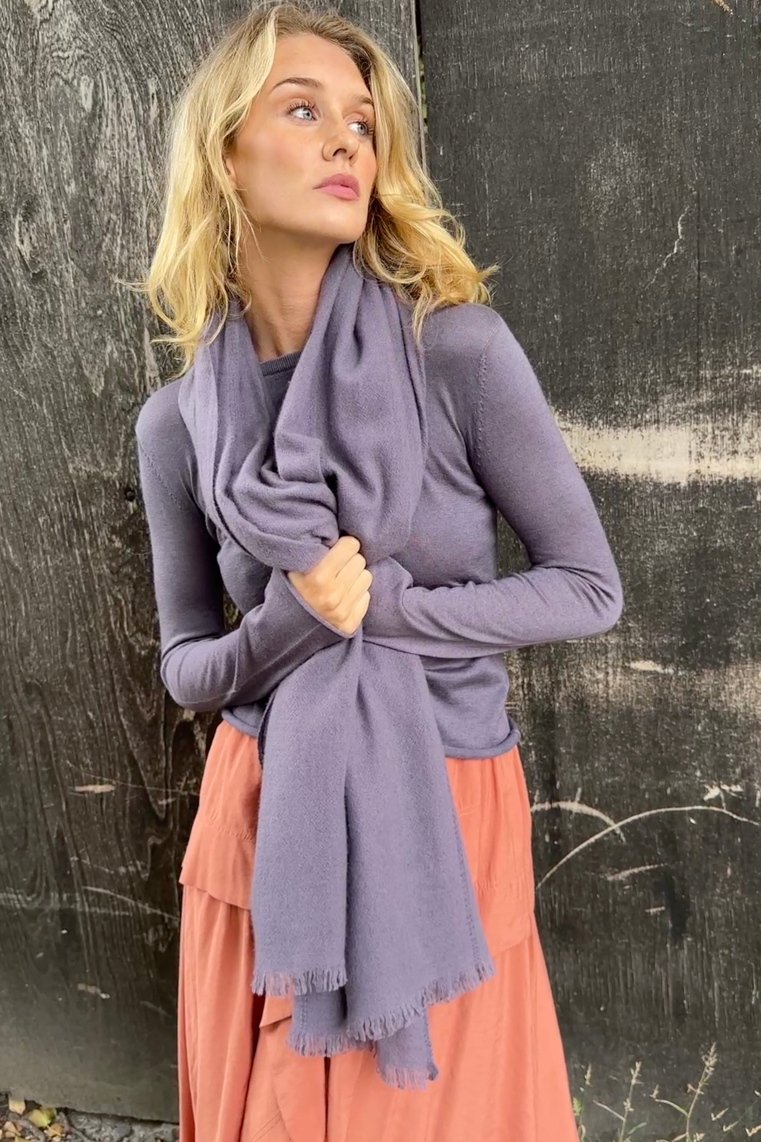 model wearing purple smoke cashmere scarf shawl