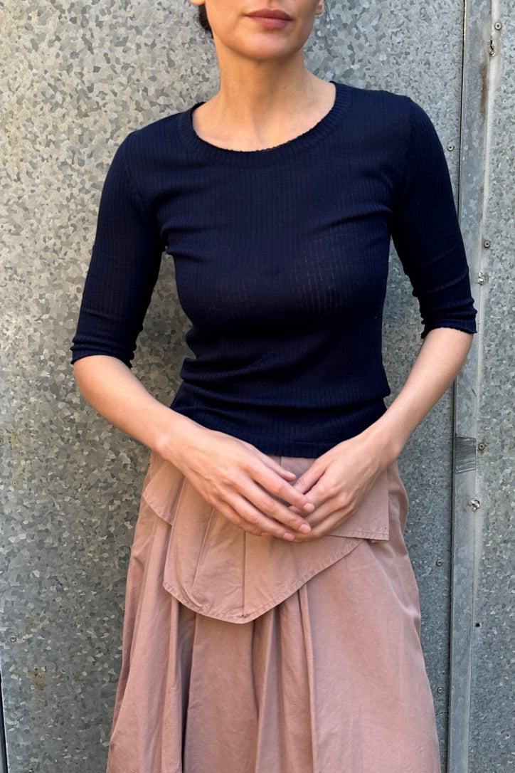 carly navy rib knit silk  t shirt