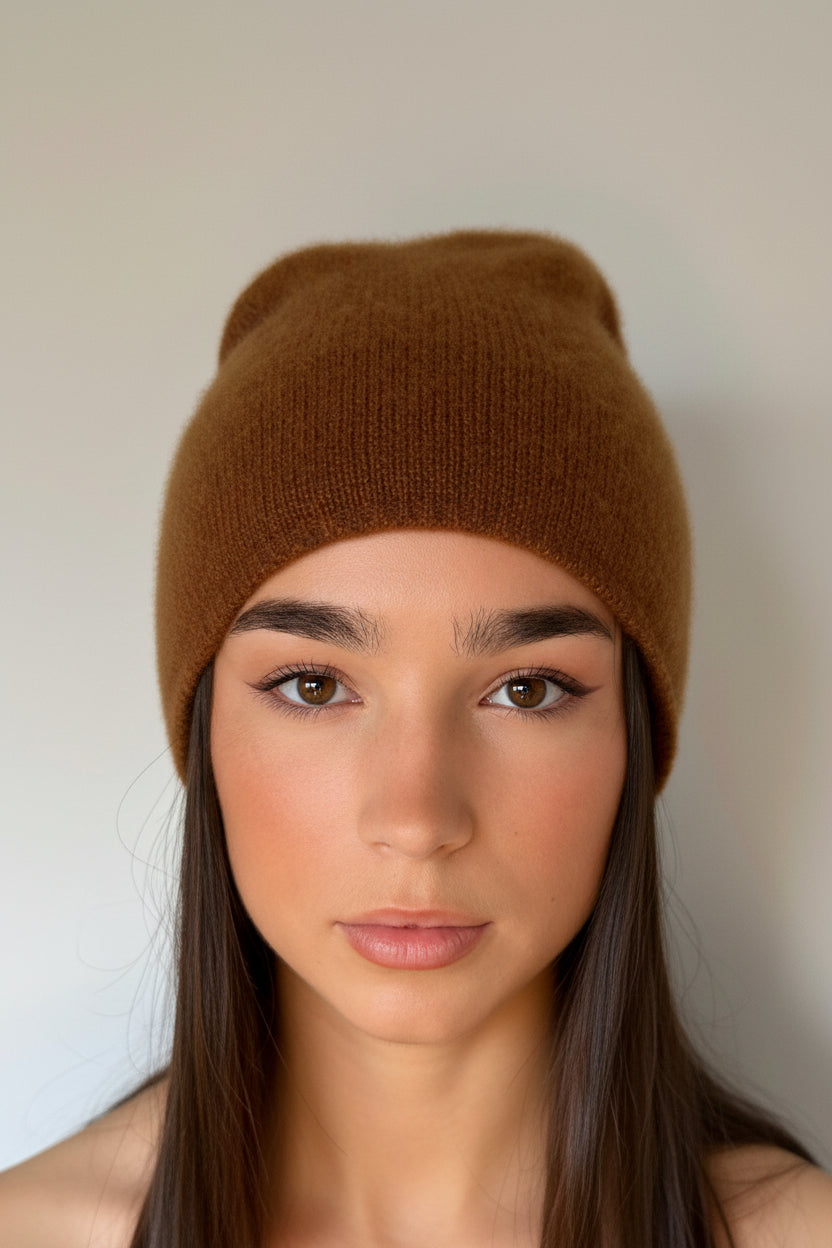 Woman wearing a  beety brown knit cashmere silkl beanie against a plain background