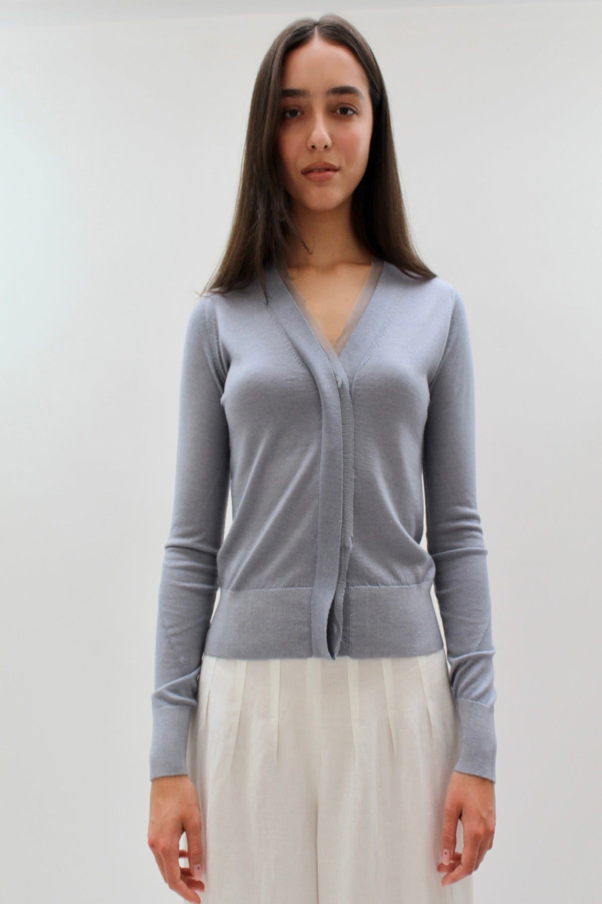 moby steel cardi in pewter grey front view