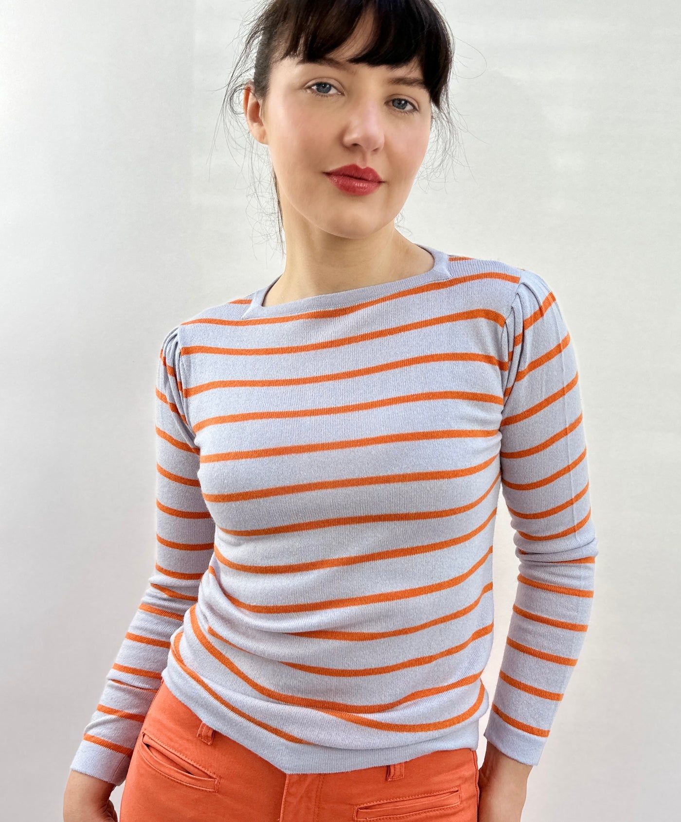 Plein stripe chakra orange nasturtium square neck sweater puff sleeve 2