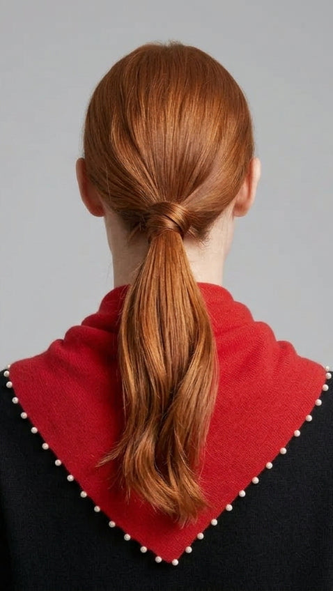 A person shown from the back wearing a bright red triangular knit scarf or shawl with small white pearl-like trim, over a black top.