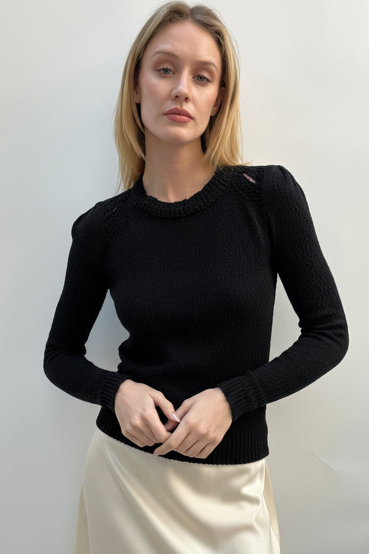 Rainey black cotton slub knit round neck top