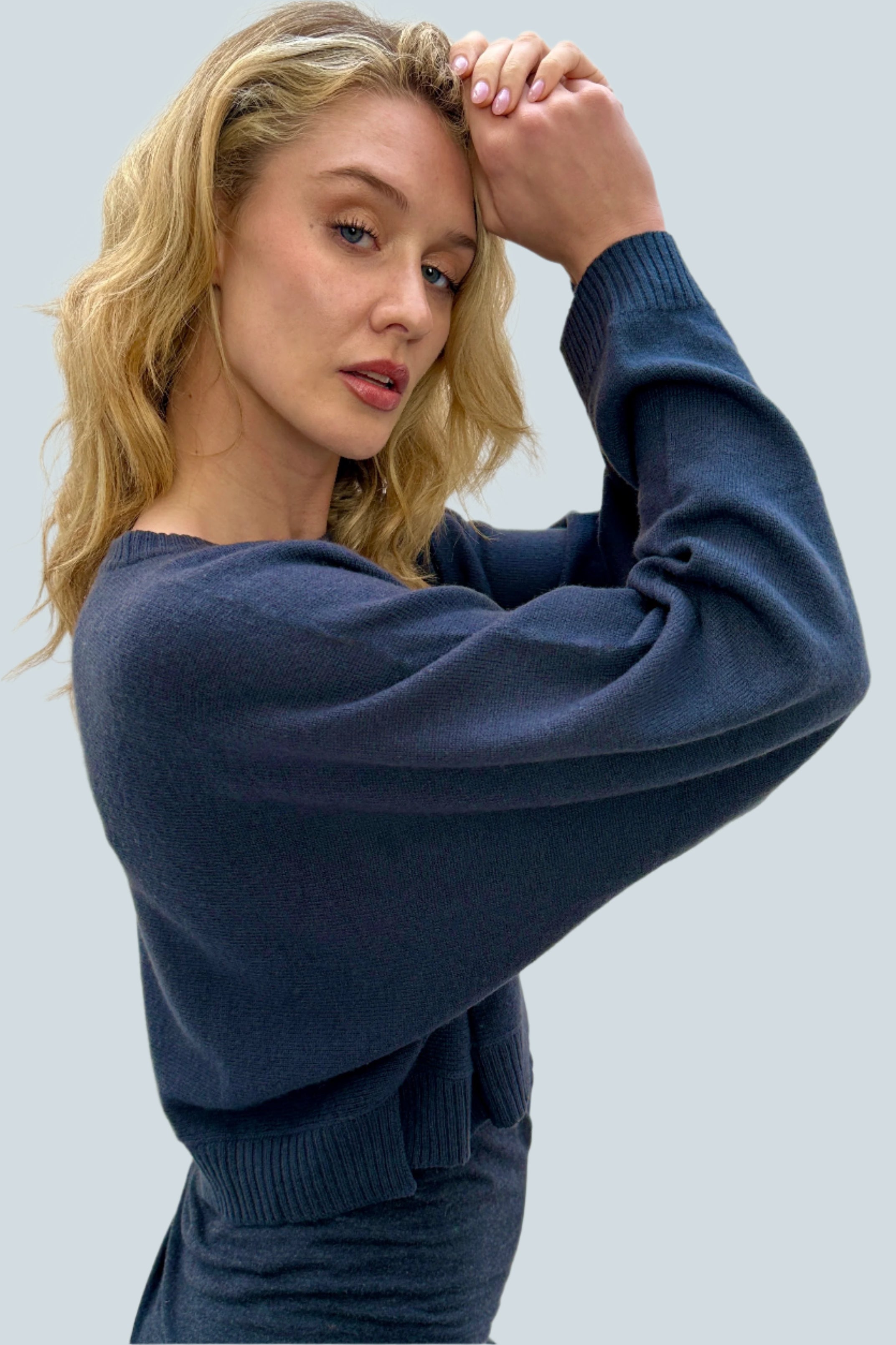 side view of Kurt navy crop cashmere sweater