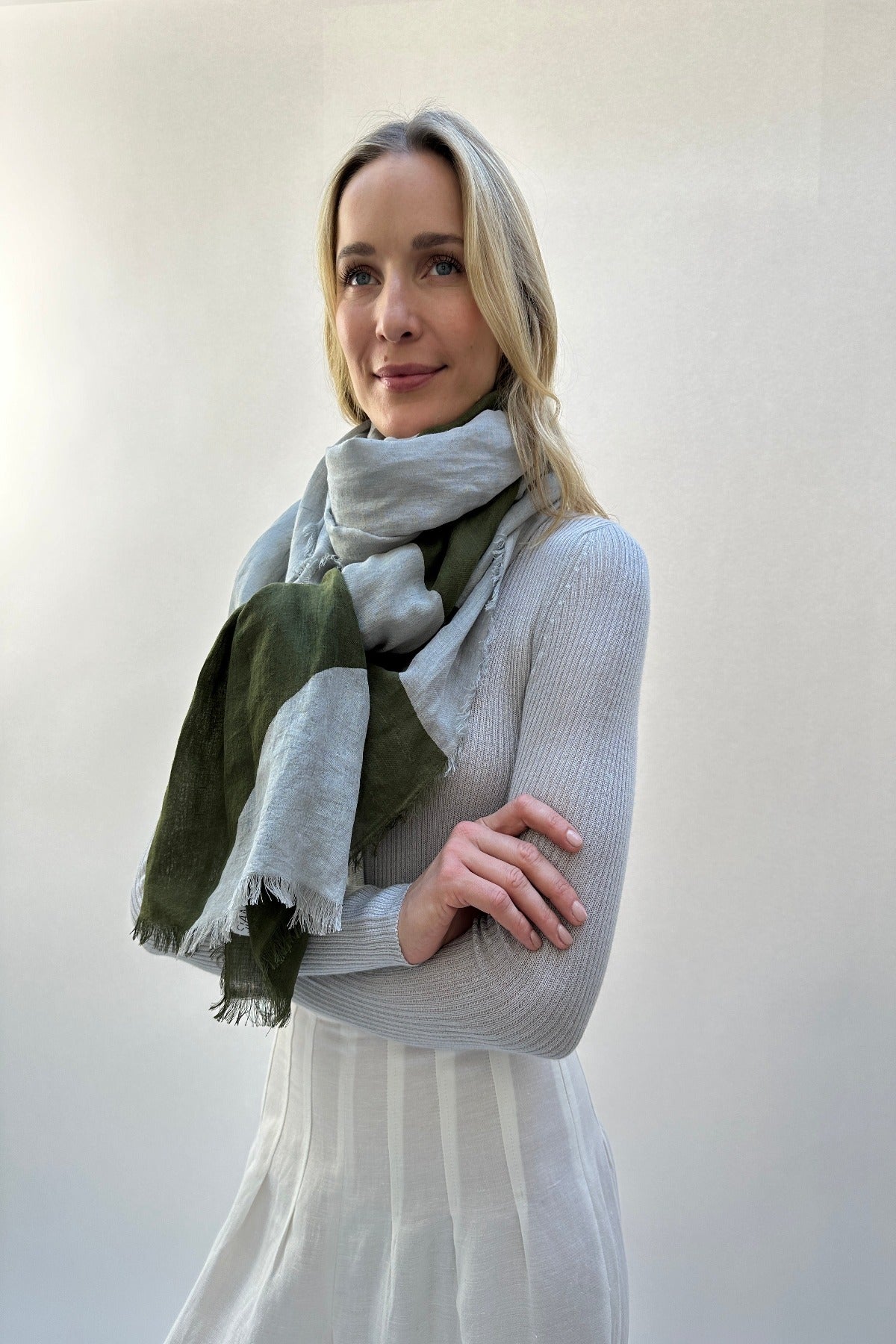 shapes linen mix scarf khaki pewter grey green scarf wrap