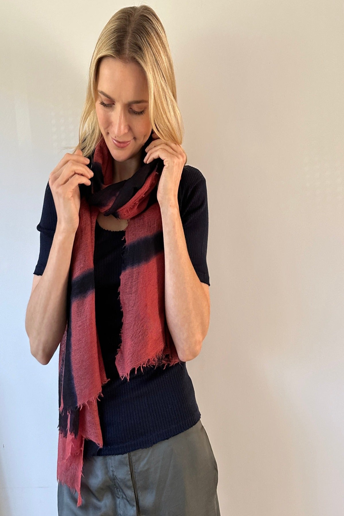 shiborisky squares rosewood pink navy black stripe scarf