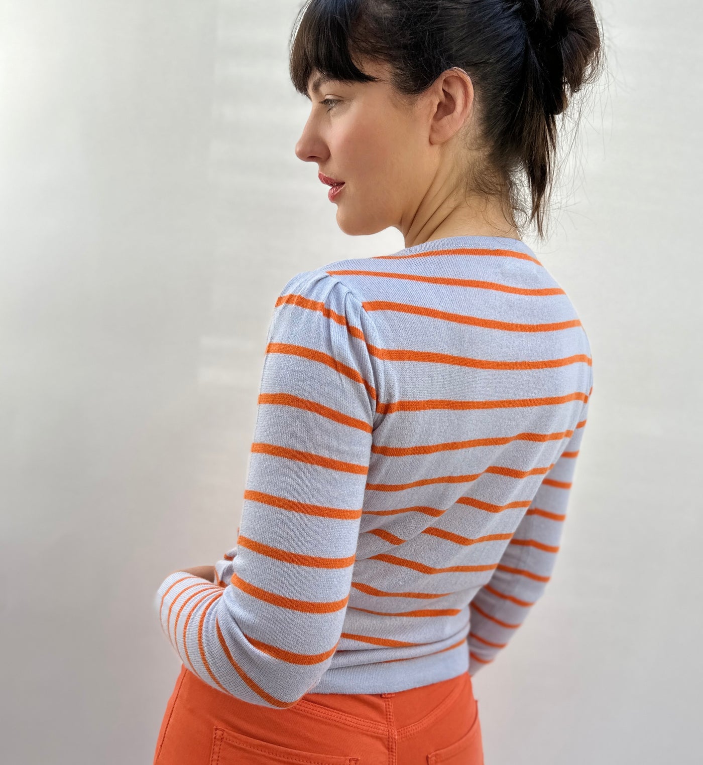 Plein stripe chakra orange nasturtium square neck sweater puff sleeve back