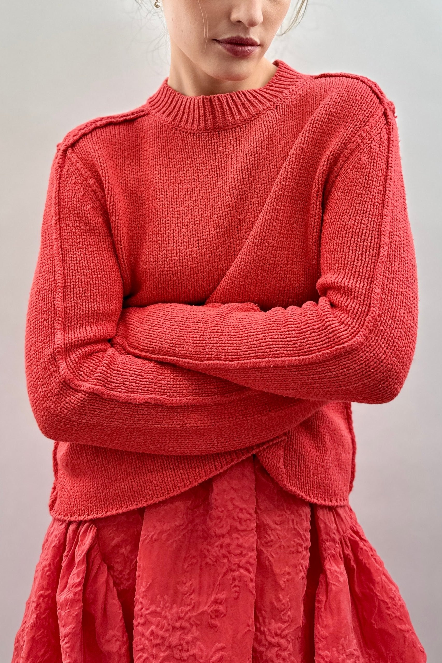 jane long coral sweater silk knit close up