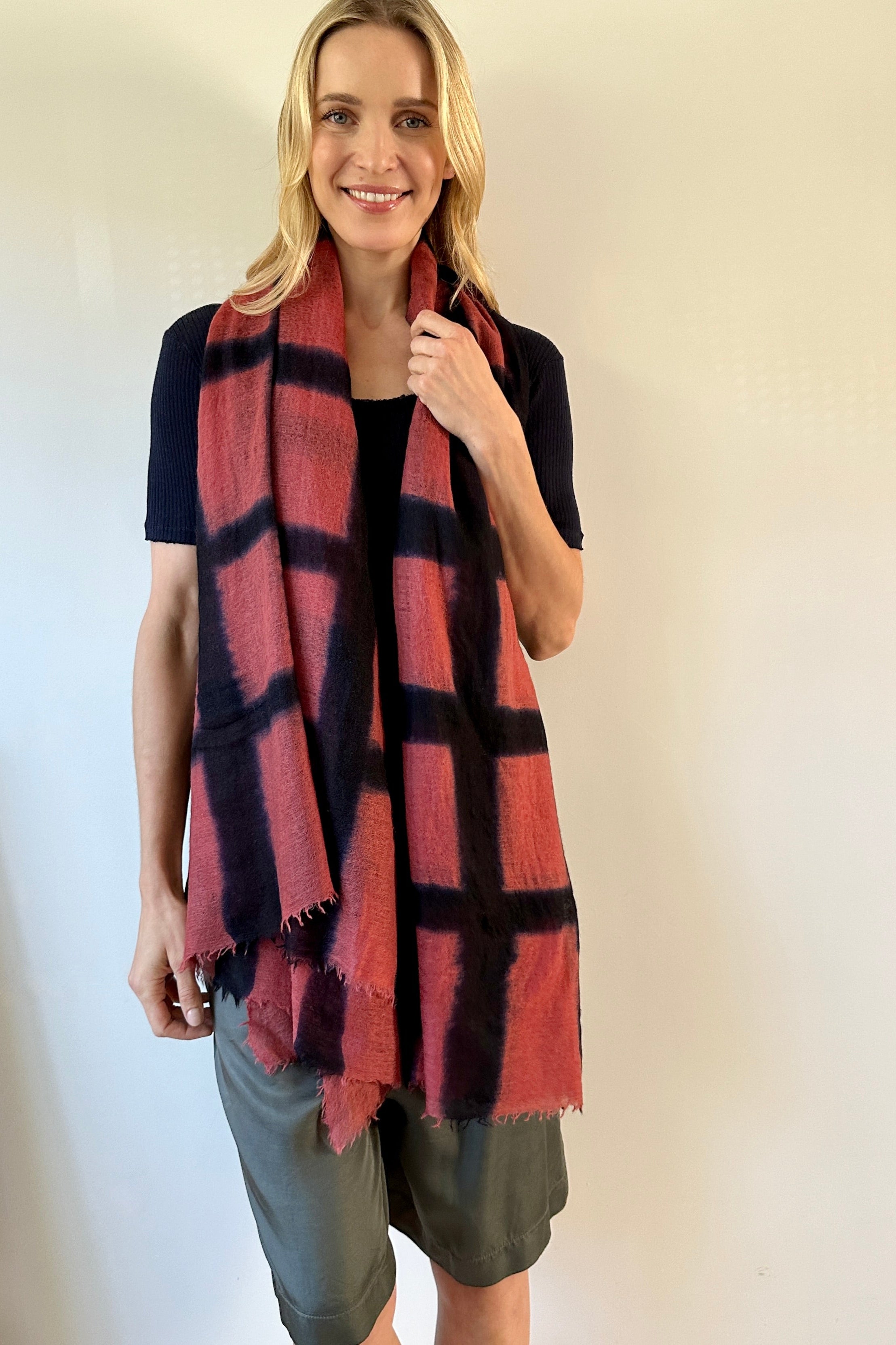 shiborisky squares rosewood pink navy black stripe scarf long view