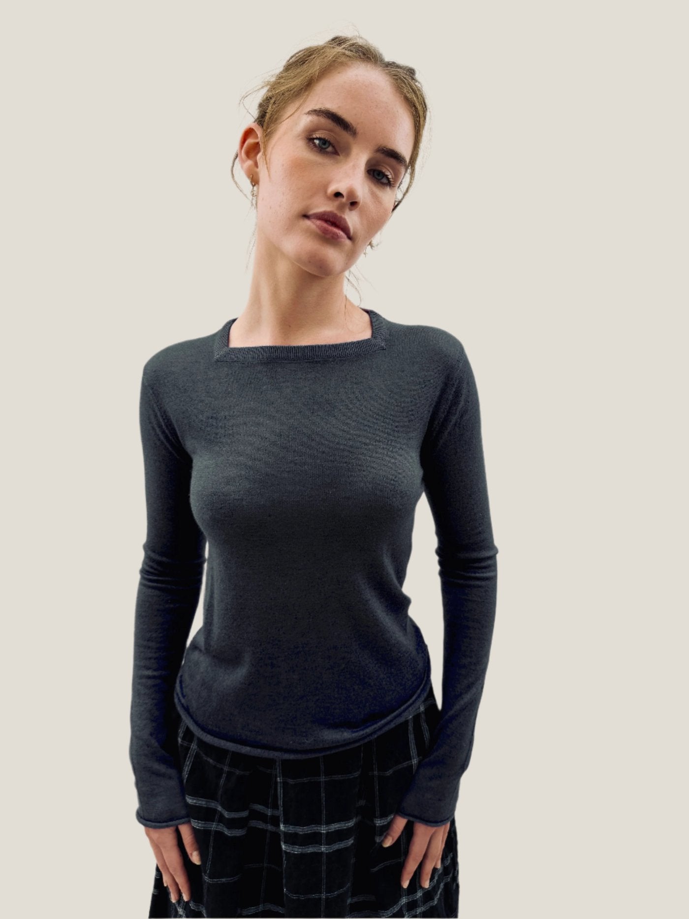 Lassa square neck black silk cashmere top