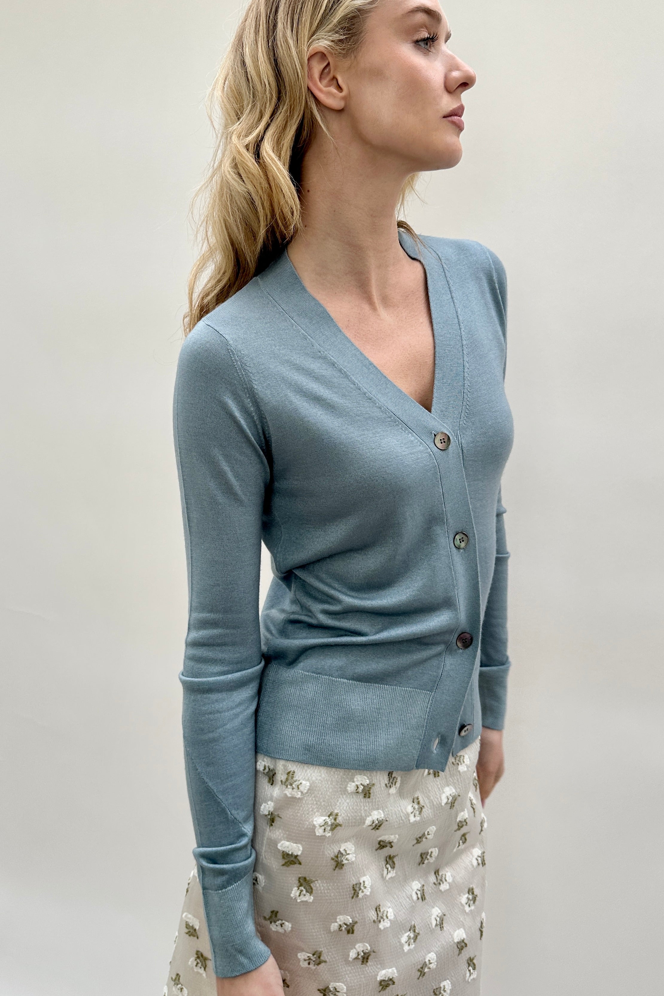 maeser light  blue teal v neck 
 cardigan cashmere silk twisted sleeves side view