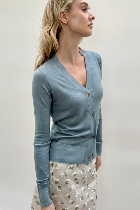 maeser light  blue teal v neck 
 cardigan cashmere silk twisted sleeves side view