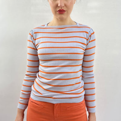 Plein stripe chakra orange nasturtium square neck sweater puff sleeve 3