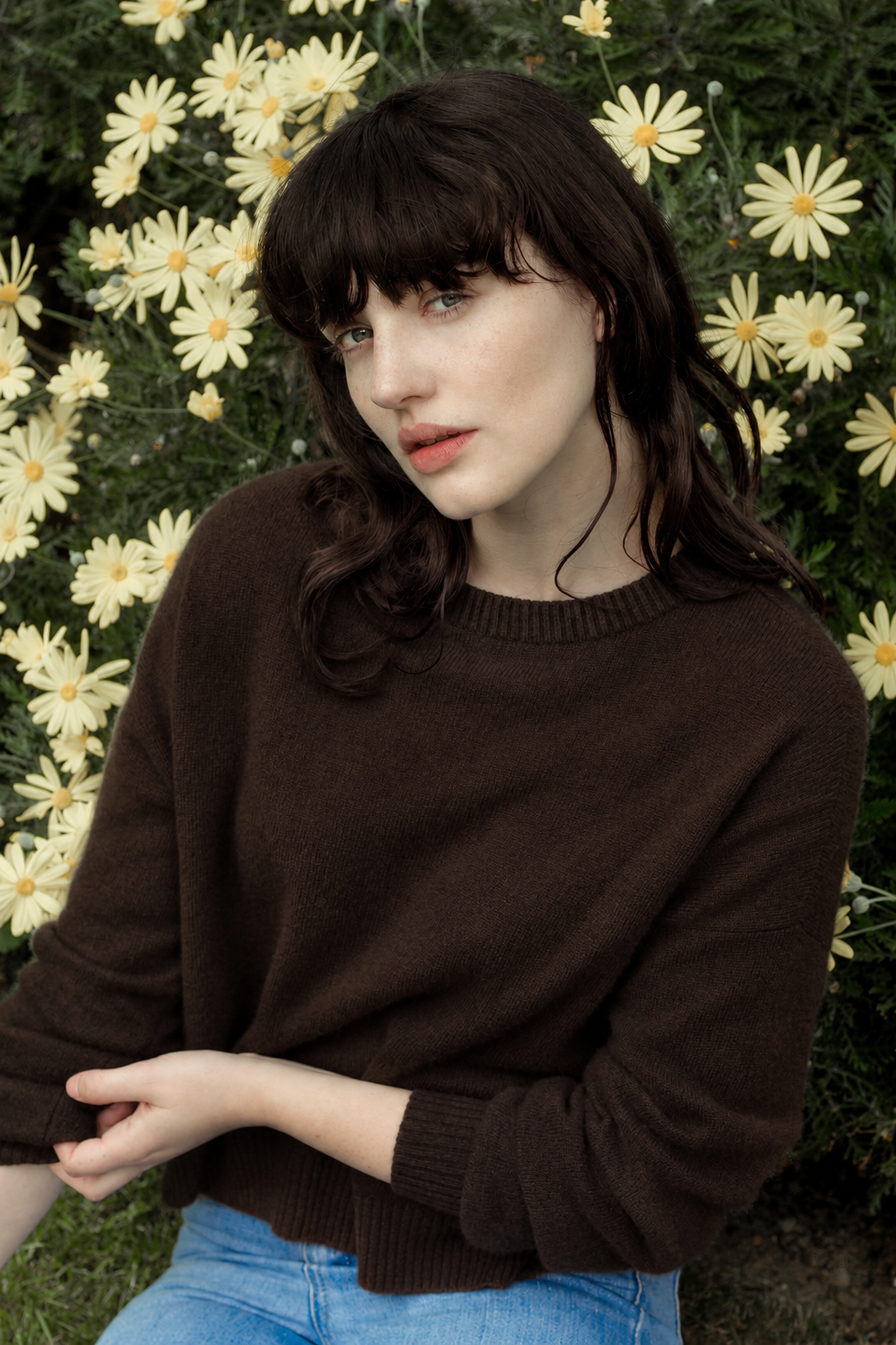 A woman with dark hair and bangs wearing a dark brown crewneck sweater and blue jeans, posing in front of a background of yellow daisies and green foliage.