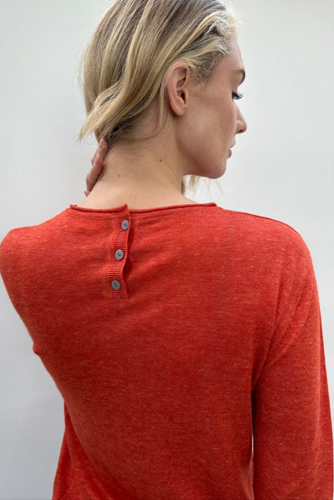 subba bright orange linen cashmere crew neck sweater back view