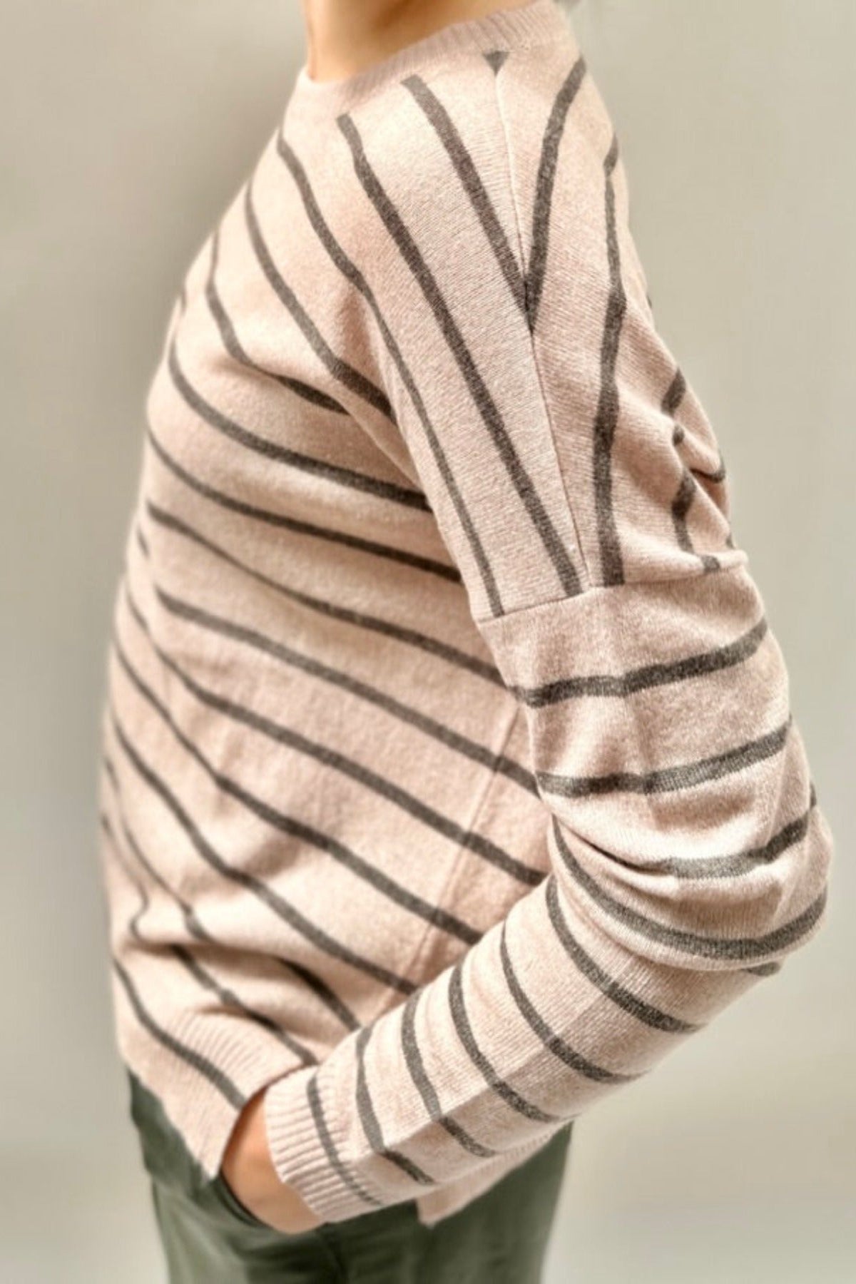 zeek stripe sweater side view hoopoe elk pink stripe