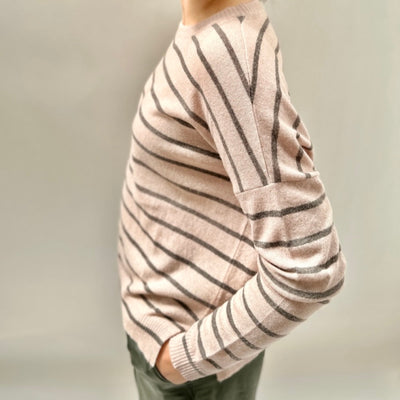 zeek stripe sweater side view hoopoe elk pink stripe
