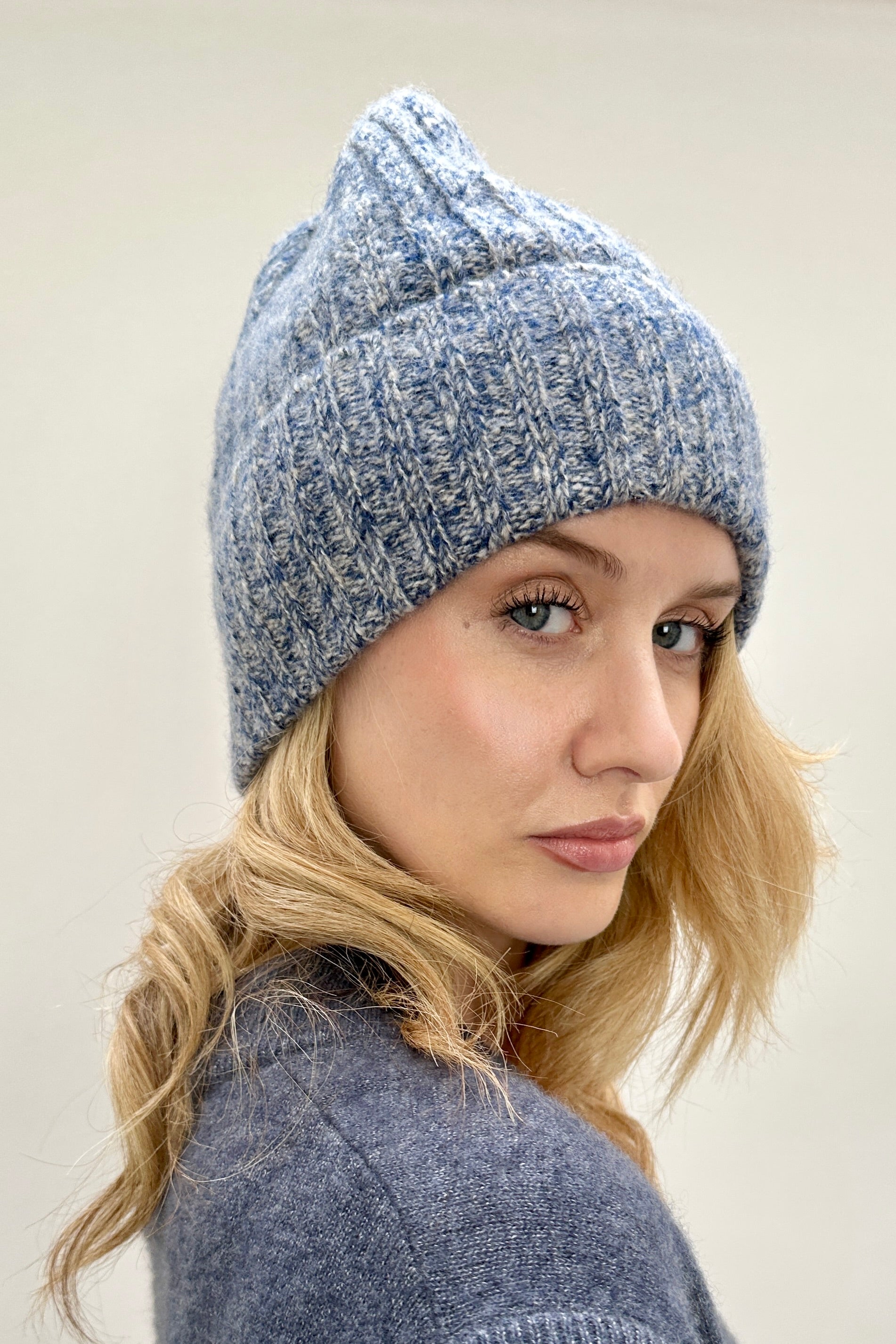 rib hat cashmere silk blue marl navy front view