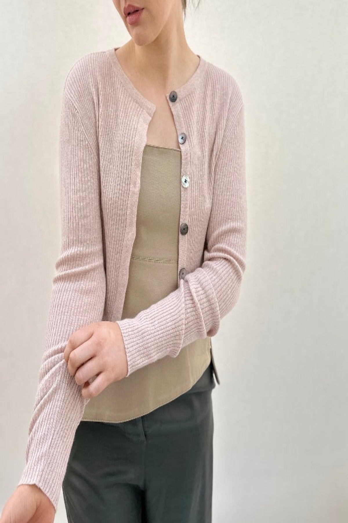 Roxy rib hoopoe fluff pink linen cashmere cardigan