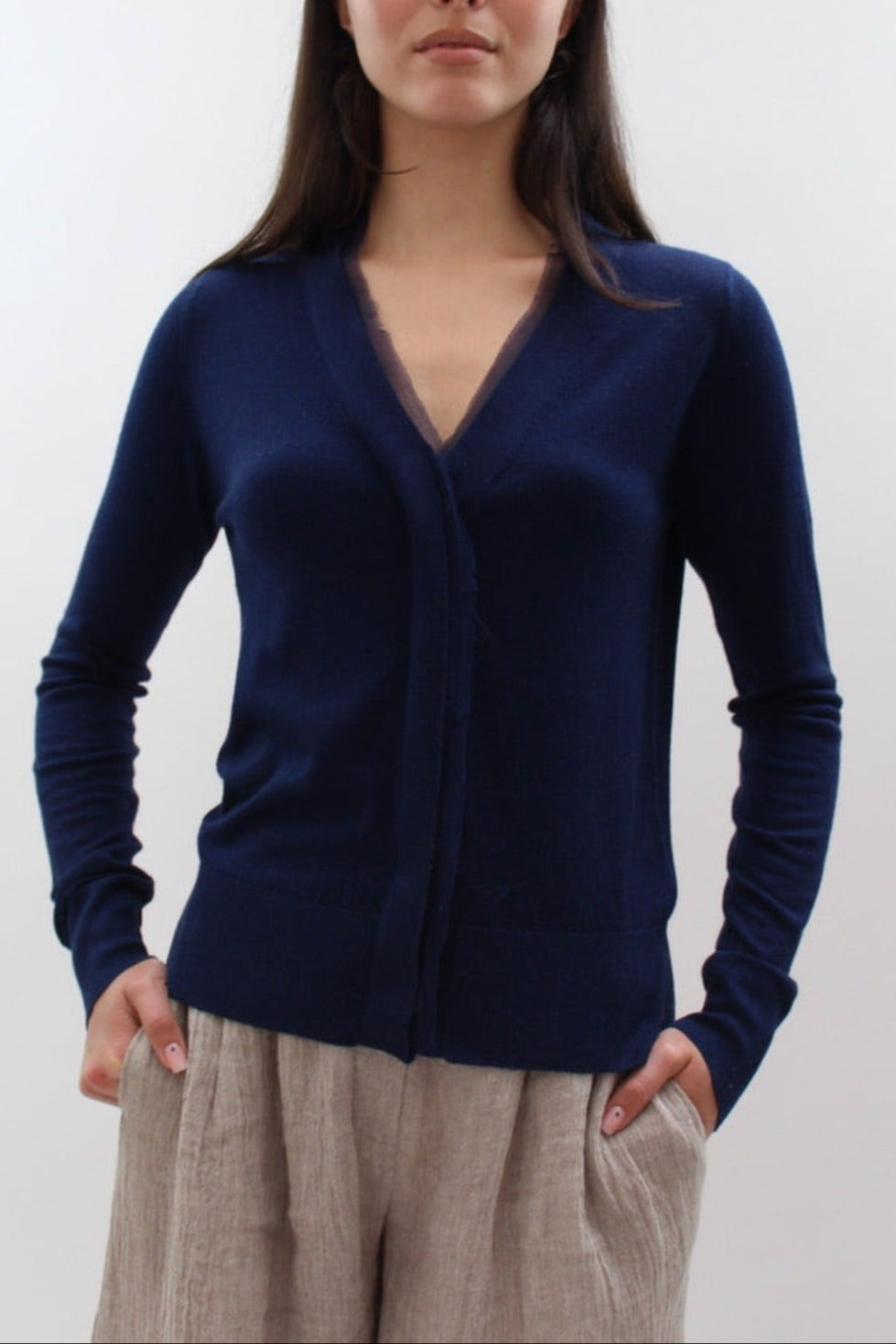 moby dark navy cardigan cashmere silk with silk trim