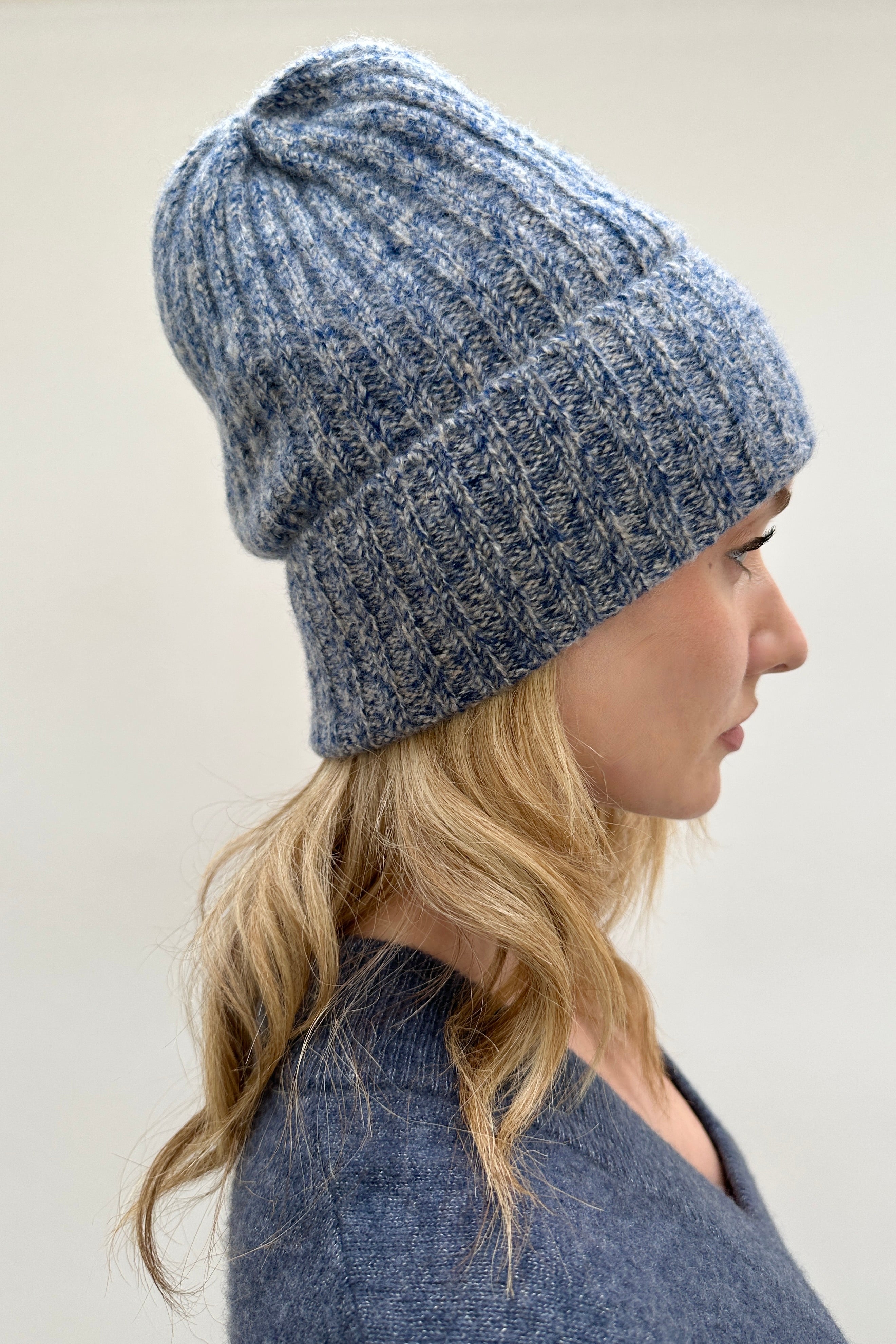 rib hat cashmere silk blue marl navy