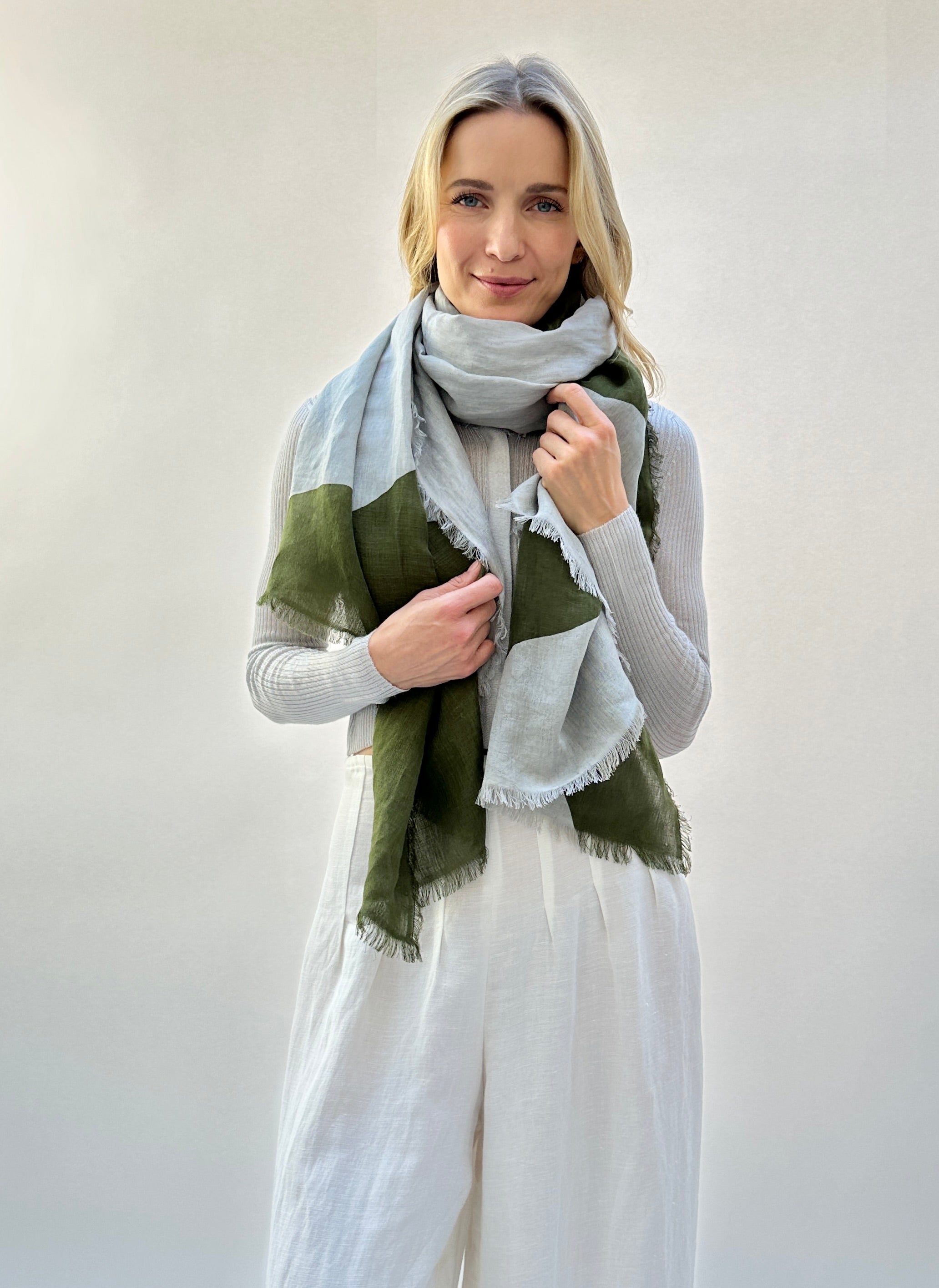 shapes linen mix scarf khaki pewter grey green scarf wrap