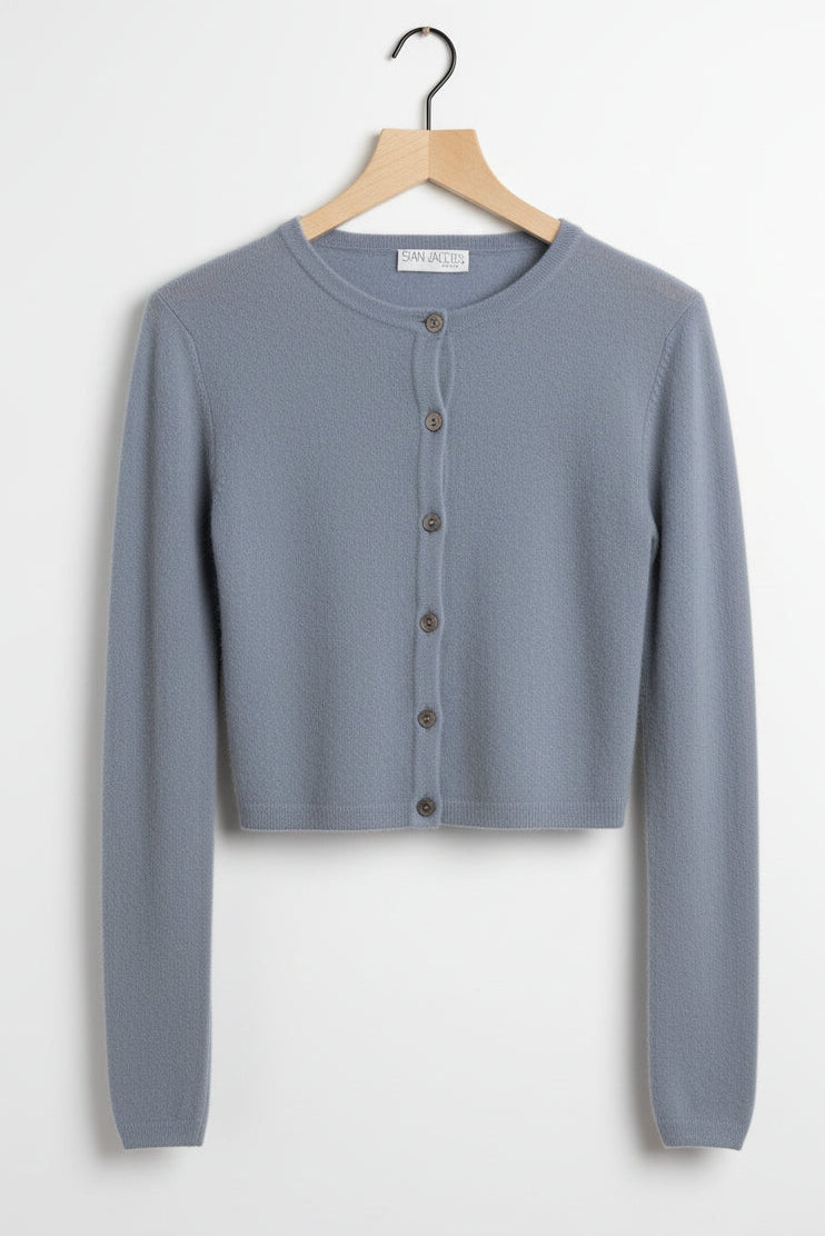 Gray blue cashmere round neck a hanger with a white background