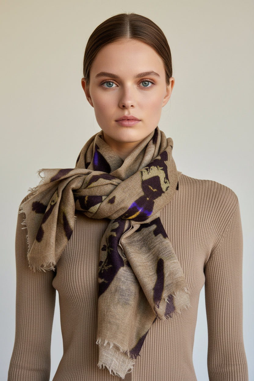 model wearing a beige sweater and  ikat patterned beige scarf against a plain background