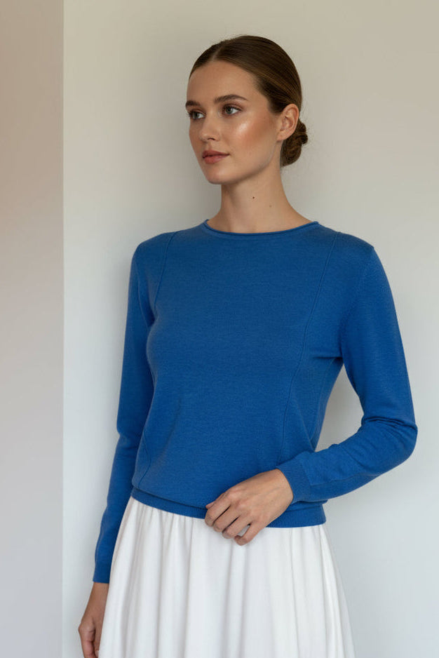 blue sweater on a model