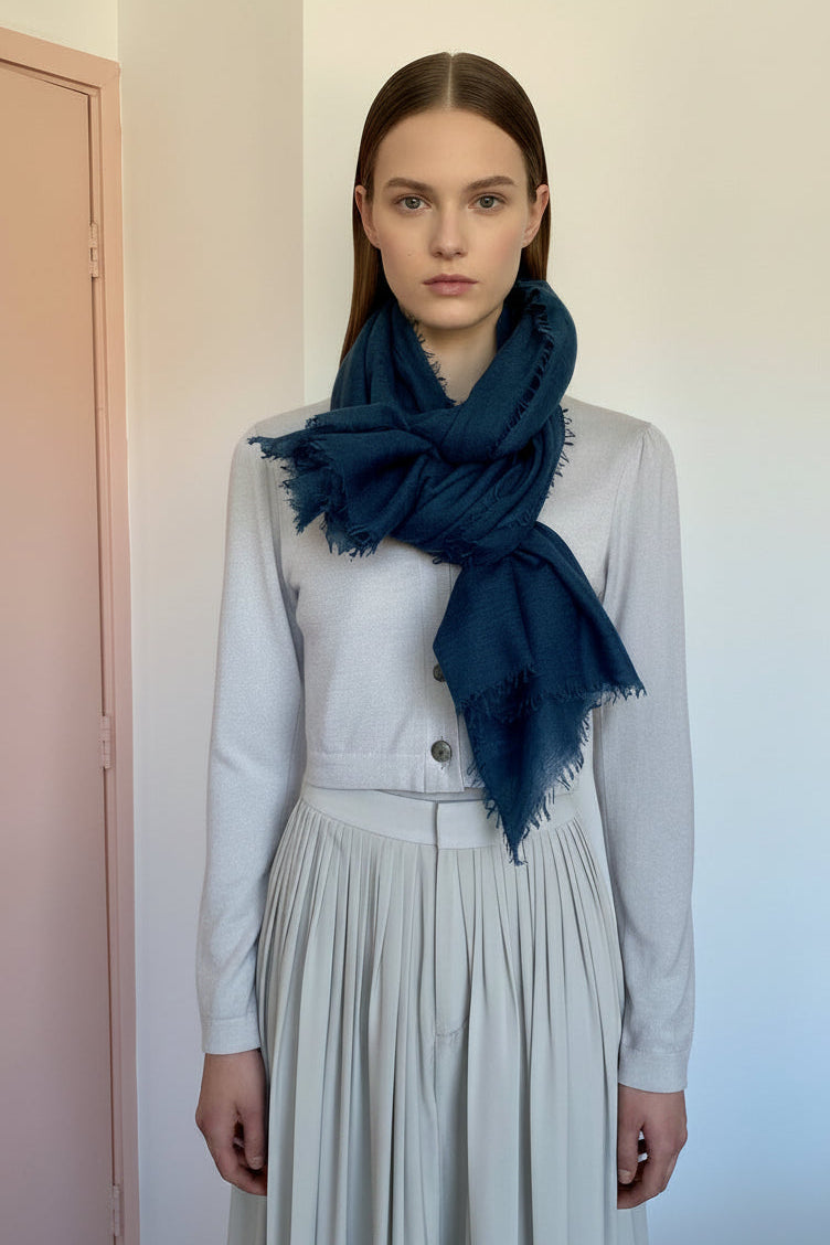 model wearing a teal blue scarf with a plain background