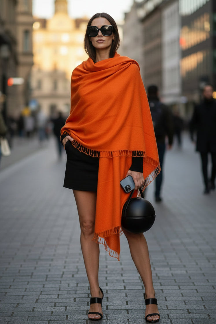 Mannequin wearing an orange dress with lace details against a plain background