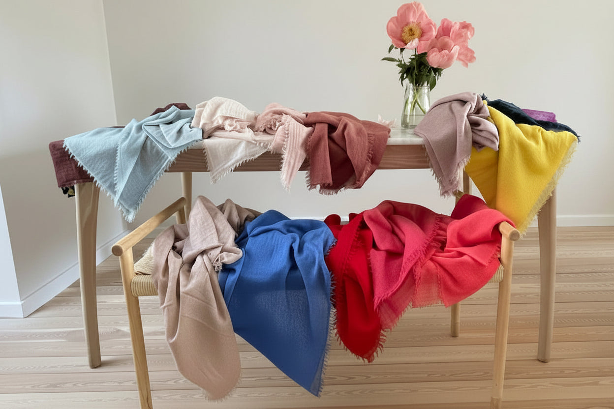 Colorful scarves draped over a wooden bench with flowers