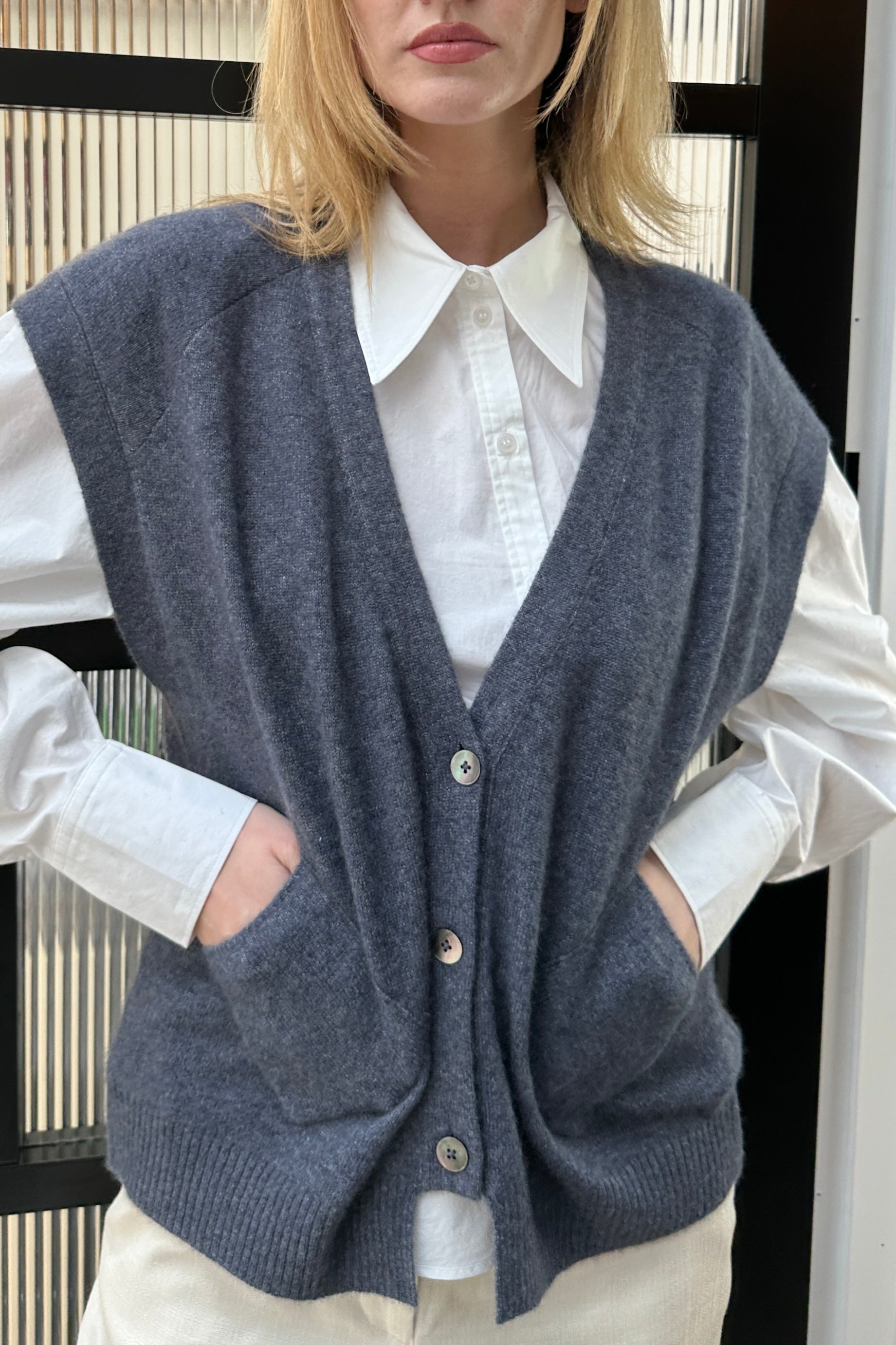 daisy blue sleeveless waistcoat cardi cashmere silk