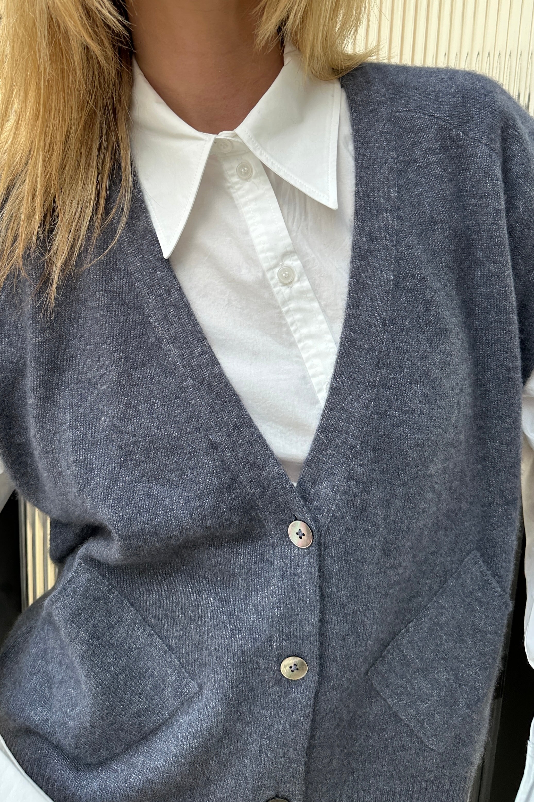 daisy blue sleeveless waistcoat cardi cashmere silk