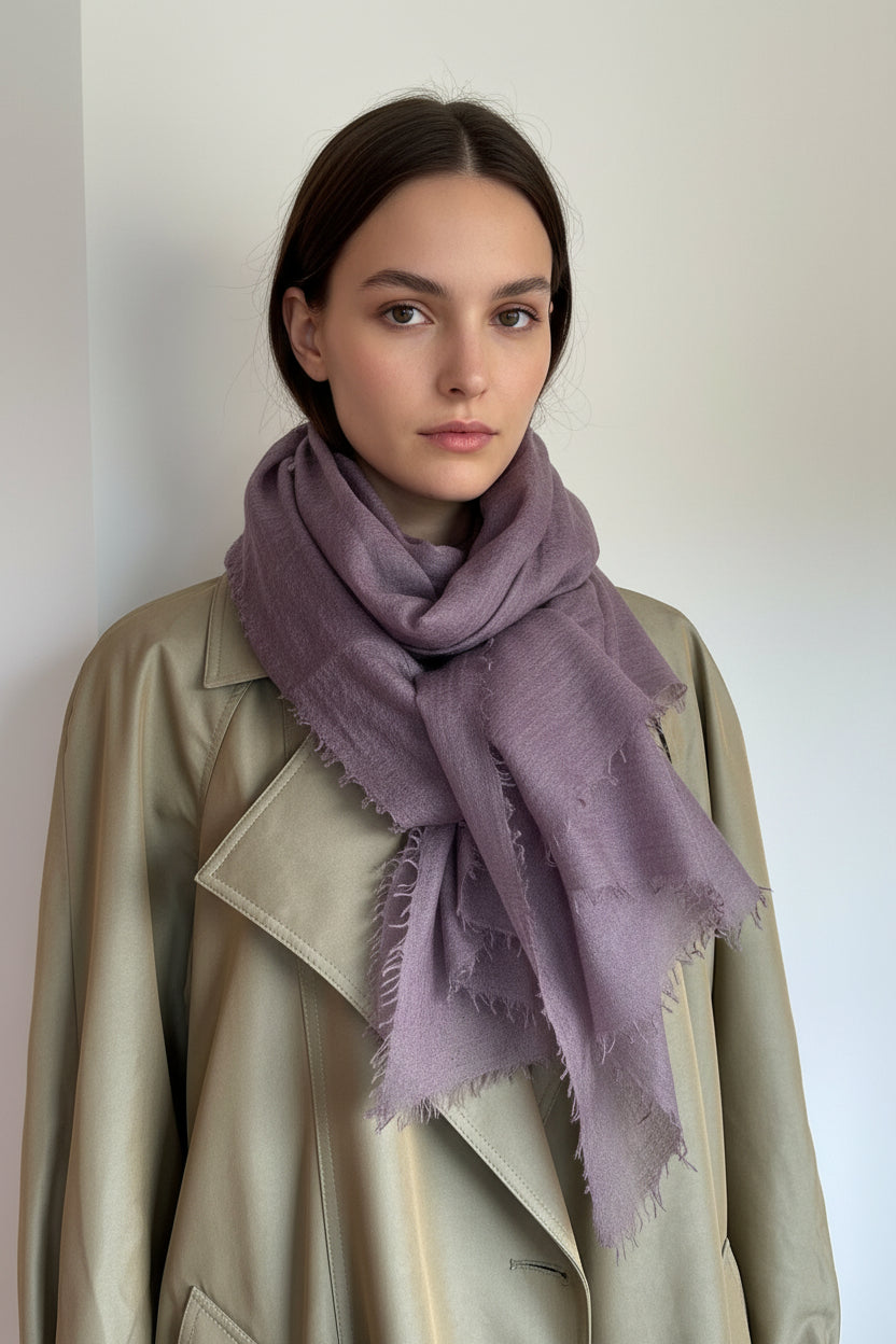 A mauve-purple scarf with frayed edges draped around a model wearing a beige coat, set against a plain off-white wall.