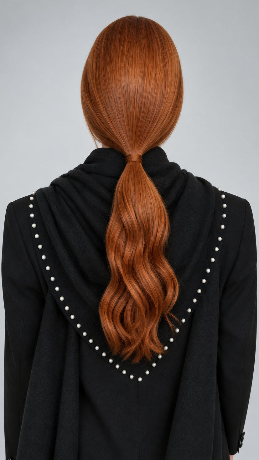 A model shown from the back wearing a black jacket with  black cashmere triangle scarf with  pearl detailing along the scarf hem against a light gray studio background. The hair is bright red and styled in a low ponytail with loose curls. 