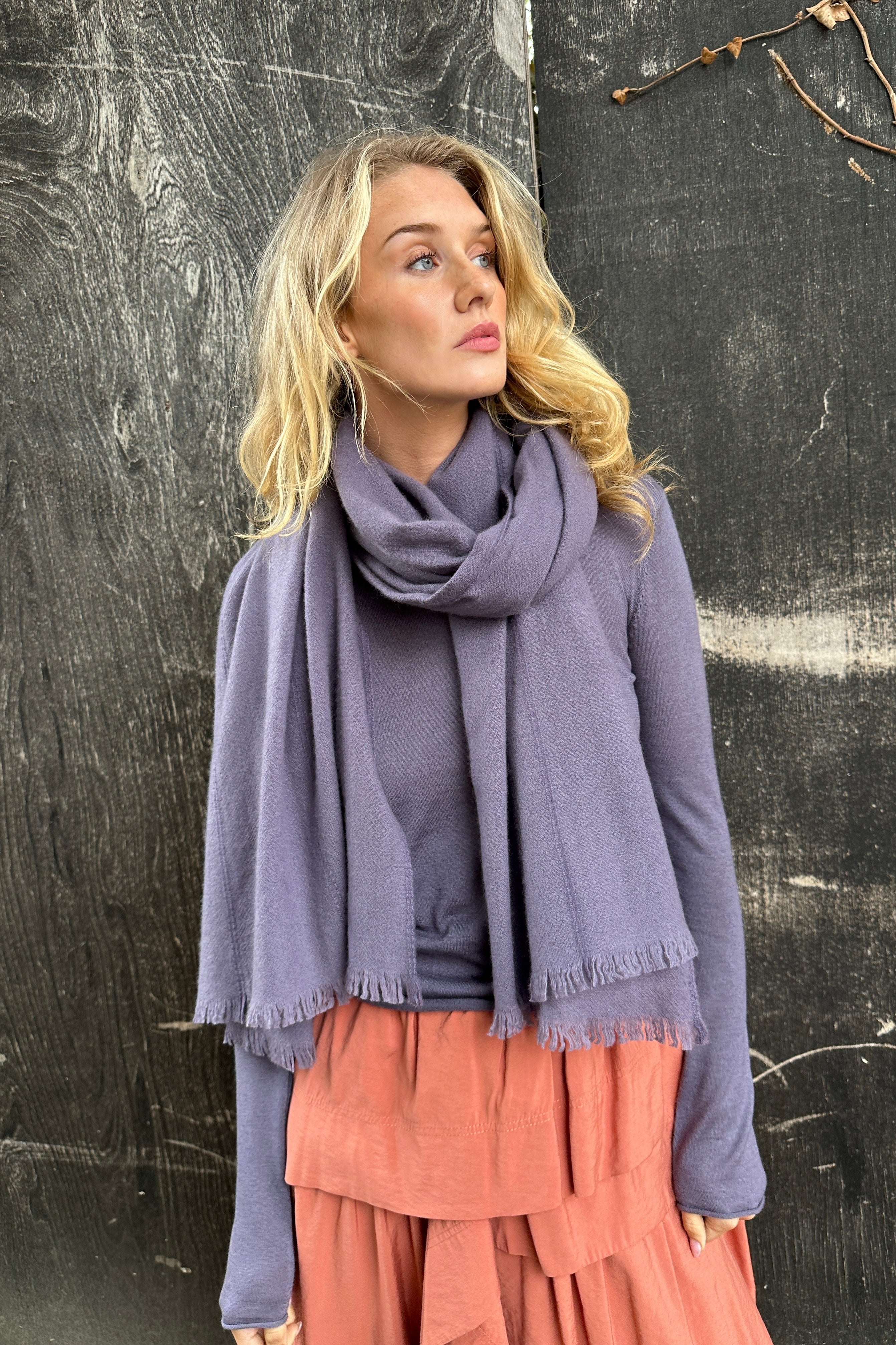 model wearing purple smoke cashmere scarf shawl