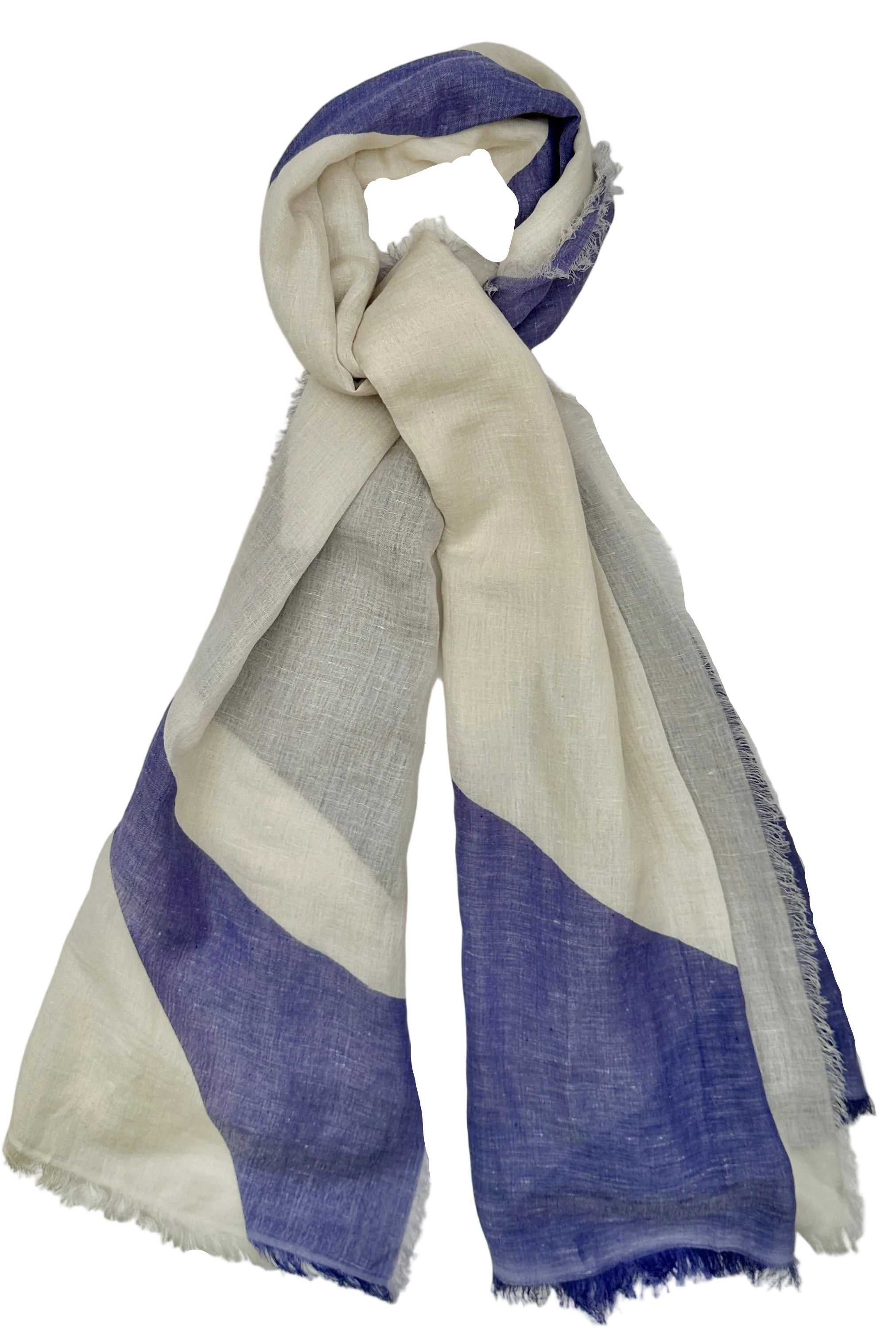 Striped scarf with blue and beige pattern on a white floor