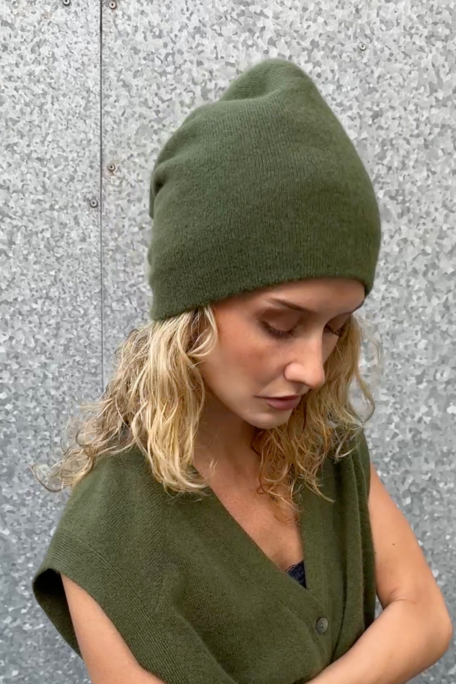 revo khaki green cashmere beanie hat