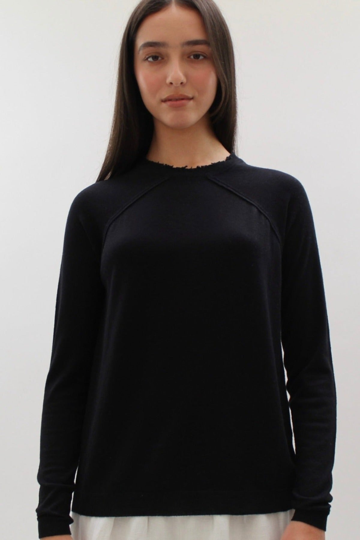 fiji black sweater with neck fray front view