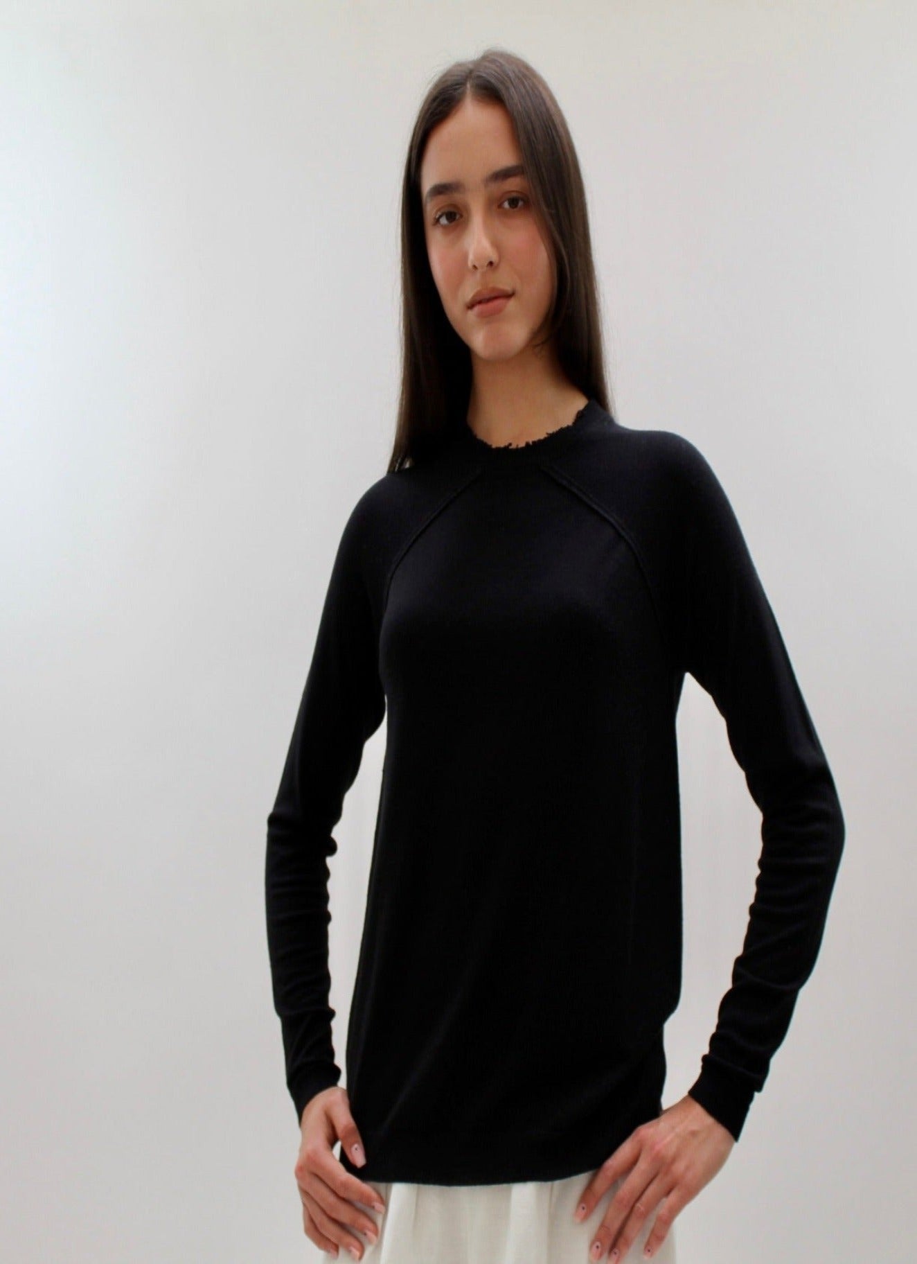 fiji black sweater with neck fray