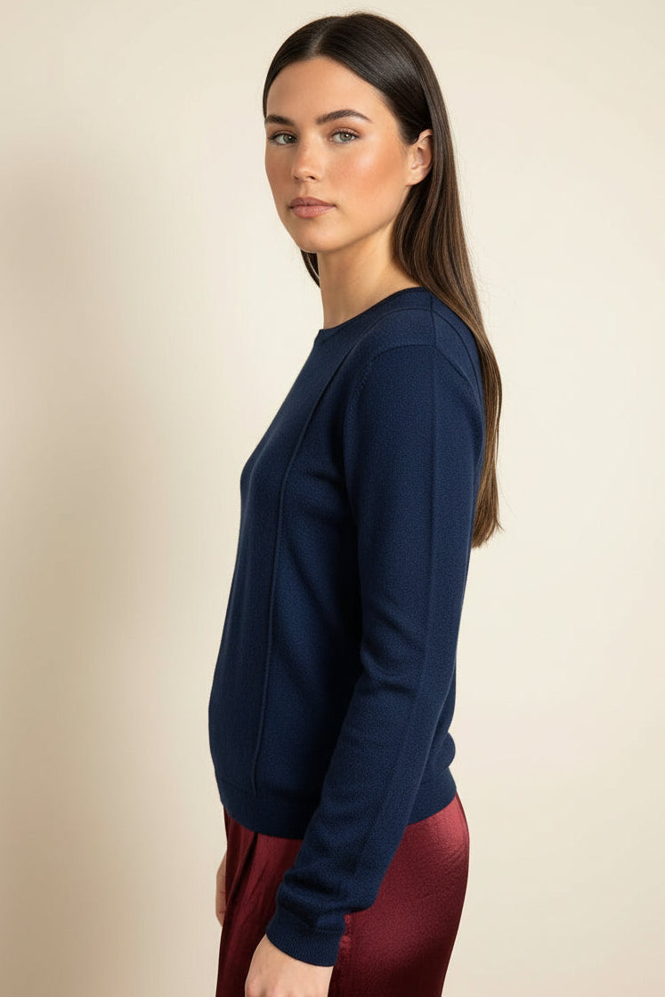 Stina navy round neck cashmere silk  top side view